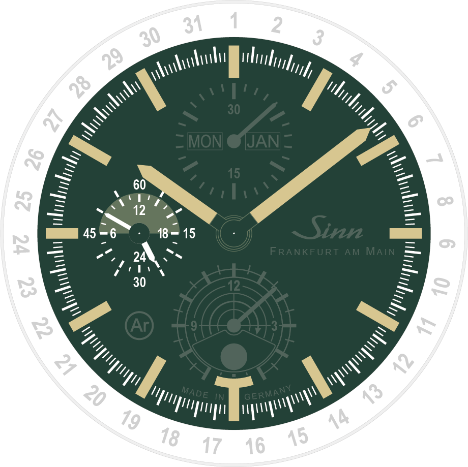 Green dial of a Sinn hunting watch with large luminous indices and hands, featuring subdials for a 24-hour display and moon phase.